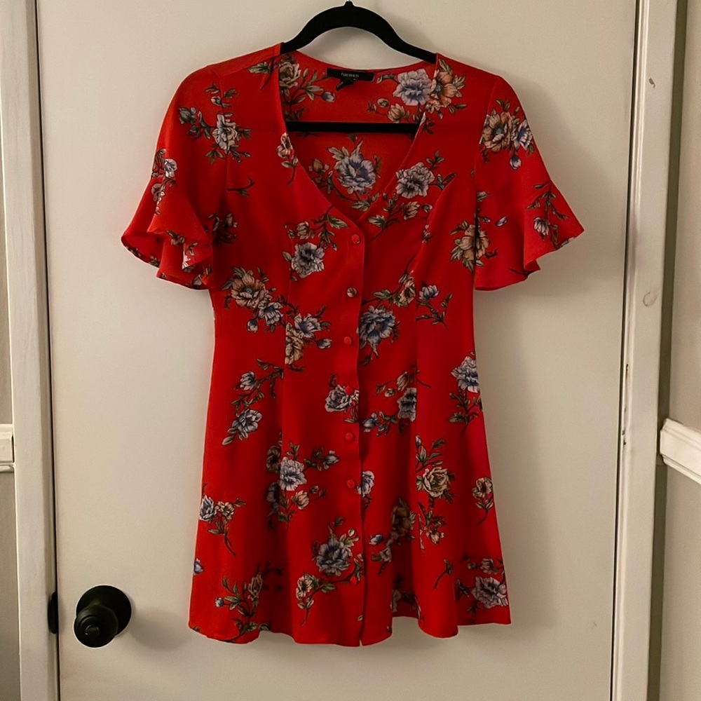 Red floral mini dress with sleeves